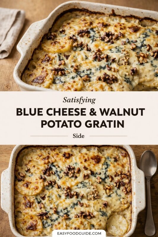 A vertical recipe graphic for a Satisfying Blue Cheese & Walnut Potato Gratin. The top and bottom images show the golden-brown side dish in a baking dish, garnished with walnuts on a wooden surface. A banner reads "Satisfying BLUE CHEESE & WALNUT POTATO GRATIN Side."