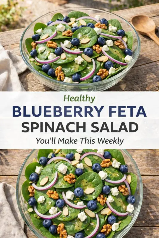 A vertical recipe graphic for a Healthy Blueberry Feta Spinach Salad. The top and bottom images show the colorful salad in a glass bowl on a rustic wooden table, featuring spinach, blueberries, feta, walnuts, almonds, and red onion. A banner reads "Healthy BLUEBERRY FETA SPINACH SALAD You'll Make This Weekly."