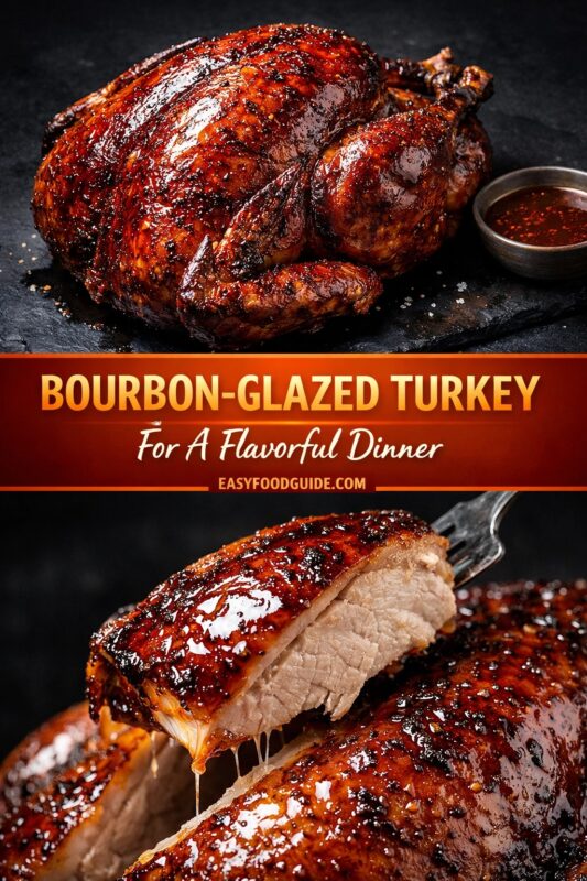 A vertical recipe graphic for a Bourbon-Glazed Turkey. The top image shows the whole flavorful dinner bird, while the bottom displays a juicy slice being lifted with a fork. A banner reads "BOURBON-GLAZED TURKEY For A Flavorful Dinner."