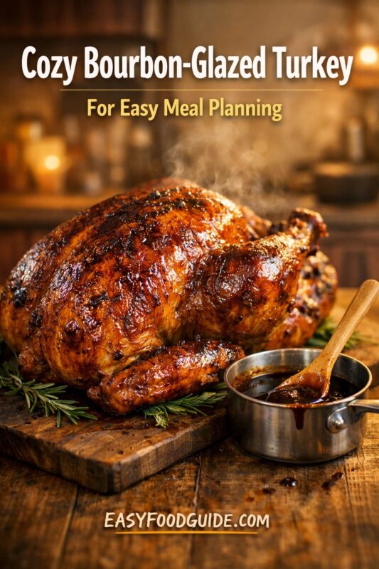 A cozy bourbon-glazed turkey for easy meal planning, served on a wooden cutting board with fresh rosemary. The steaming bird is accompanied by a small pot of glaze on a rustic table. Text reads "Cozy Bourbon-Glazed Turkey For Easy Meal Planning," and the website "EASYFOODGUIDE.COM" is at the bottom.