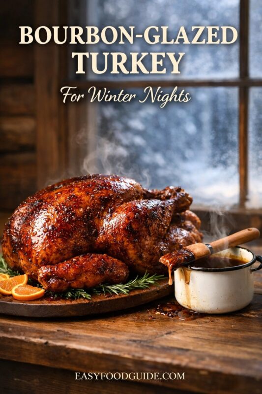 A bourbon-glazed turkey for winter nights, presented on a wooden platter with orange slices and rosemary. The steaming bird is set before a window with a snowy view, next to a pot of glaze. Text reads "BOURBON-GLAZED TURKEY For Winter Nights," and the website "EASYFOODGUIDE.COM" is at the bottom.
