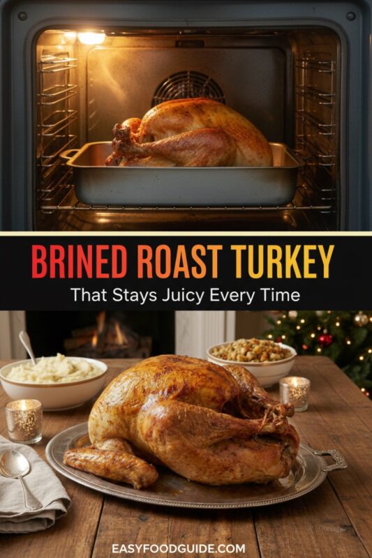 A vertical recipe graphic for a Brined Roast Turkey. The top image shows the turkey baking in an oven, while the bottom displays the juicy finished bird on a platter with holiday sides. A banner reads "BRINED ROAST TURKEY That Stays Juicy Every Time."
