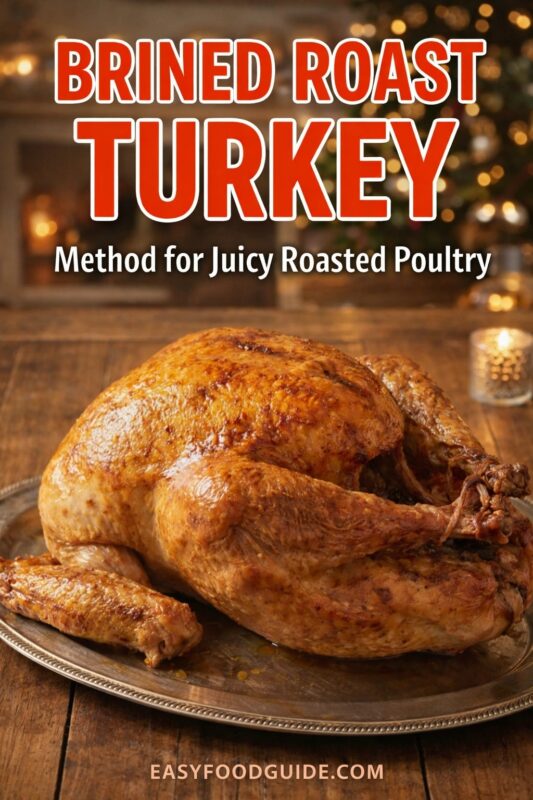 brined-roast-turkey-2 A brined roast turkey, presented as a method for juicy roasted poultry. The golden-brown bird is served on a silver platter in a festive setting with a Christmas tree in the background. Text reads "BRINED ROAST TURKEY Method for Juicy Roasted Poultry," and the website "EASYFOODGUIDE.COM" is at the bottom.
