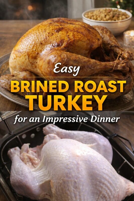 brined-roast-turkey-3 An easy brined roast turkey for an impressive dinner, shown both cooked and raw. The top image features the golden-brown finished turkey on a platter, while the bottom shows a raw bird in a roasting pan. Text reads "Easy BRINED ROAST TURKEY for an Impressive Dinner."