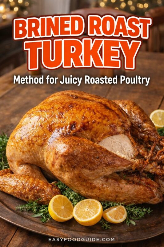 brined-roast-turkey-4 A brined roast turkey, presented as a method for juicy roasted poultry. The golden-brown bird is garnished with fresh herbs and lemon slices on a wooden platter in a festive setting. Text reads "BRINED ROAST TURKEY Method for Juicy Roasted Poultry," and the website "EASYFOODGUIDE.COM" is at the bottom.