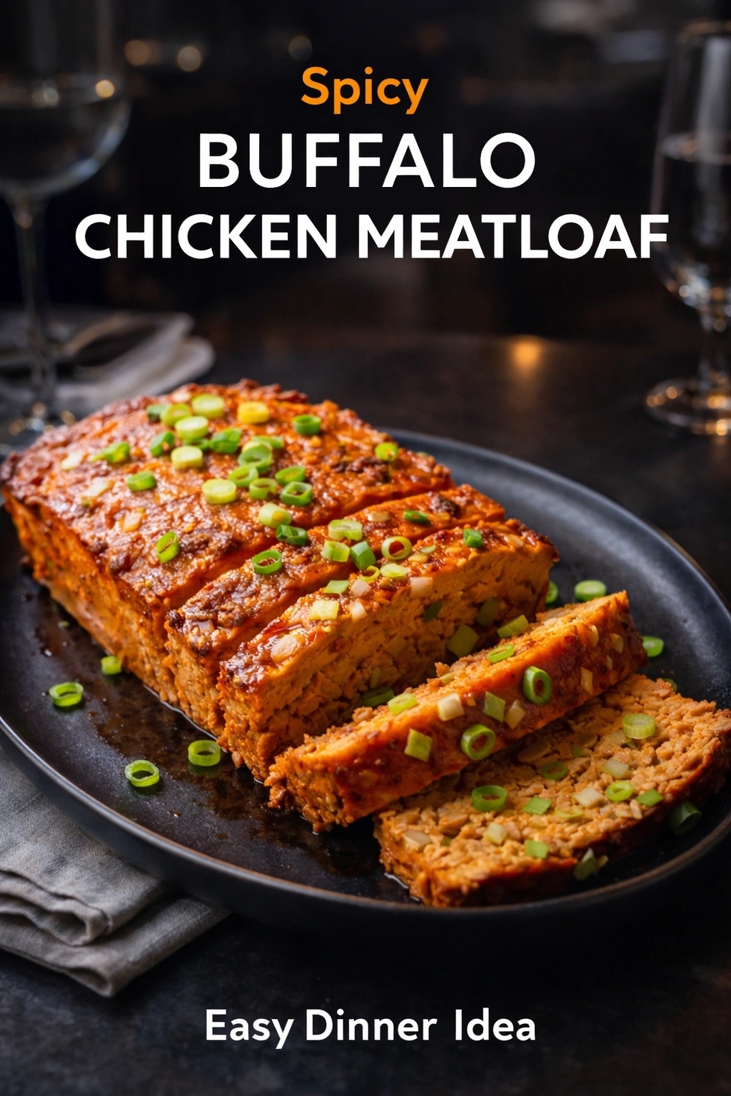 A sliced loaf of spicy buffalo chicken meatloaf covered in sauce and topped with green onions on a black platter. Text at the top reads "Spicy BUFFALO CHICKEN MEATLOAF" and at the bottom "Easy Dinner Idea," with blurred wine glasses in the background.