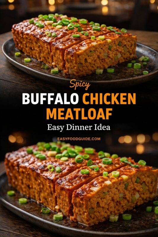 A vertical recipe graphic for a Spicy Buffalo Chicken Meatloaf. The top and bottom images show the easy dinner idea, sliced and garnished with green onions on a dark platter. A banner reads "Spicy BUFFALO CHICKEN MEATLOAF Easy Dinner Idea."
