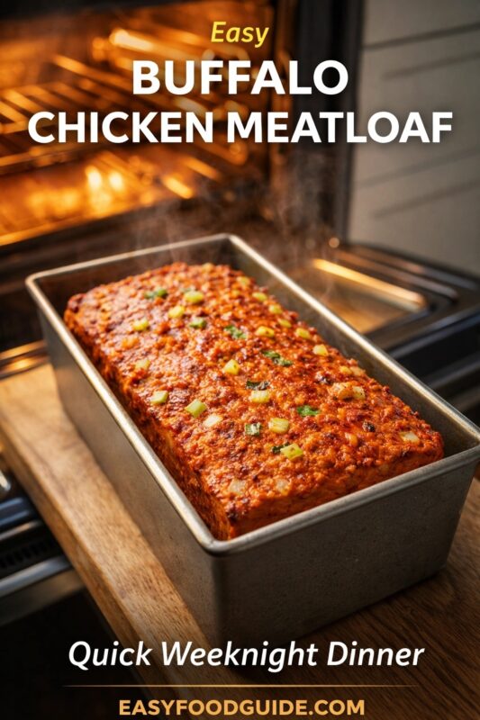 An easy buffalo chicken meatloaf, a quick weeknight dinner, shown fresh from the oven in a loaf pan. The savory dish is topped with green onions and sits on a wooden board. Text reads "Easy BUFFALO CHICKEN MEATLOAF Quick Weeknight Dinner," and the website "EASYFOODGUIDE.COM" is at the bottom.