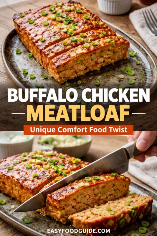 A vertical recipe graphic for a Buffalo Chicken Meatloaf. The top image shows the unique comfort food twist sliced on a platter, while the bottom displays it being cut with a knife. A banner reads "BUFFALO CHICKEN MEATLOAF Unique Comfort Food Twist."
