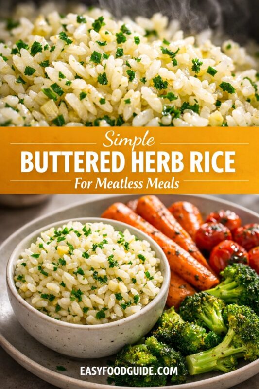 A vertical recipe graphic for Simple Buttered Herb Rice. The top image is a close-up of the steaming rice, while the bottom shows it served as a side for meatless meals with roasted vegetables. A banner reads "Simple BUTTERED HERB RICE For Meatless Meals."