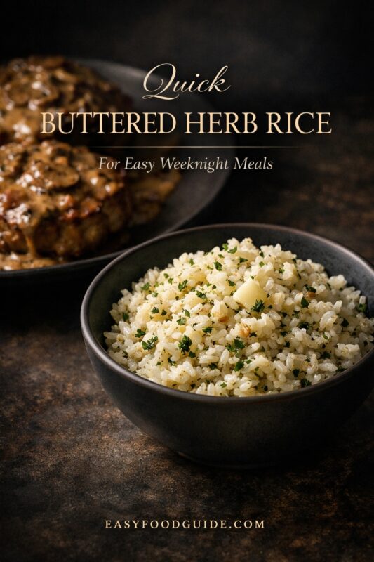 A quick buttered herb rice for easy weeknight meals, served in a dark bowl. The fluffy rice is garnished with herbs and a pat of butter, presented next to a savory dish on a rustic surface. Text reads "Quick BUTTERED HERB RICE For Easy Weeknight Meals," and the website "EASYFOODGUIDE.COM" is at the bottom.