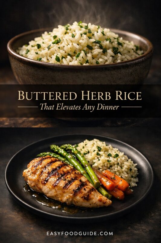 A vertical recipe graphic for Buttered Herb Rice. The top image shows the rice in a bowl, while the bottom displays it as part of an elevated dinner with grilled chicken and vegetables. A banner reads "BUTTERED HERB RICE That Elevates Any Dinner."
