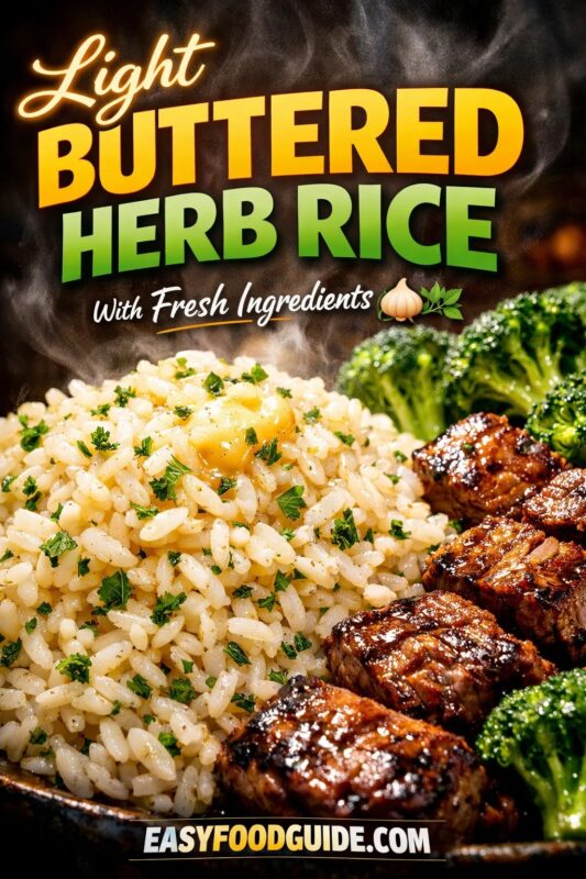 A vibrant image of light buttered herb rice with fresh ingredients, served alongside grilled steak and broccoli. The steaming rice is topped with a pat of melting butter and fresh parsley in a dark bowl. Text reads "Light BUTTERED HERB RICE With Fresh Ingredients," and the website "EASYFOODGUIDE.COM" is at the bottom.
