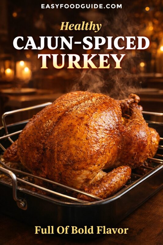 A healthy Cajun-spiced turkey, full of bold flavor, presented in a roasting pan. The golden-brown bird is steaming and set against a warm, candlelit background. Text reads "Healthy CAJUN-SPICED TURKEY Full Of Bold Flavor," and the website "EASYFOODGUIDE.COM" is at the top.