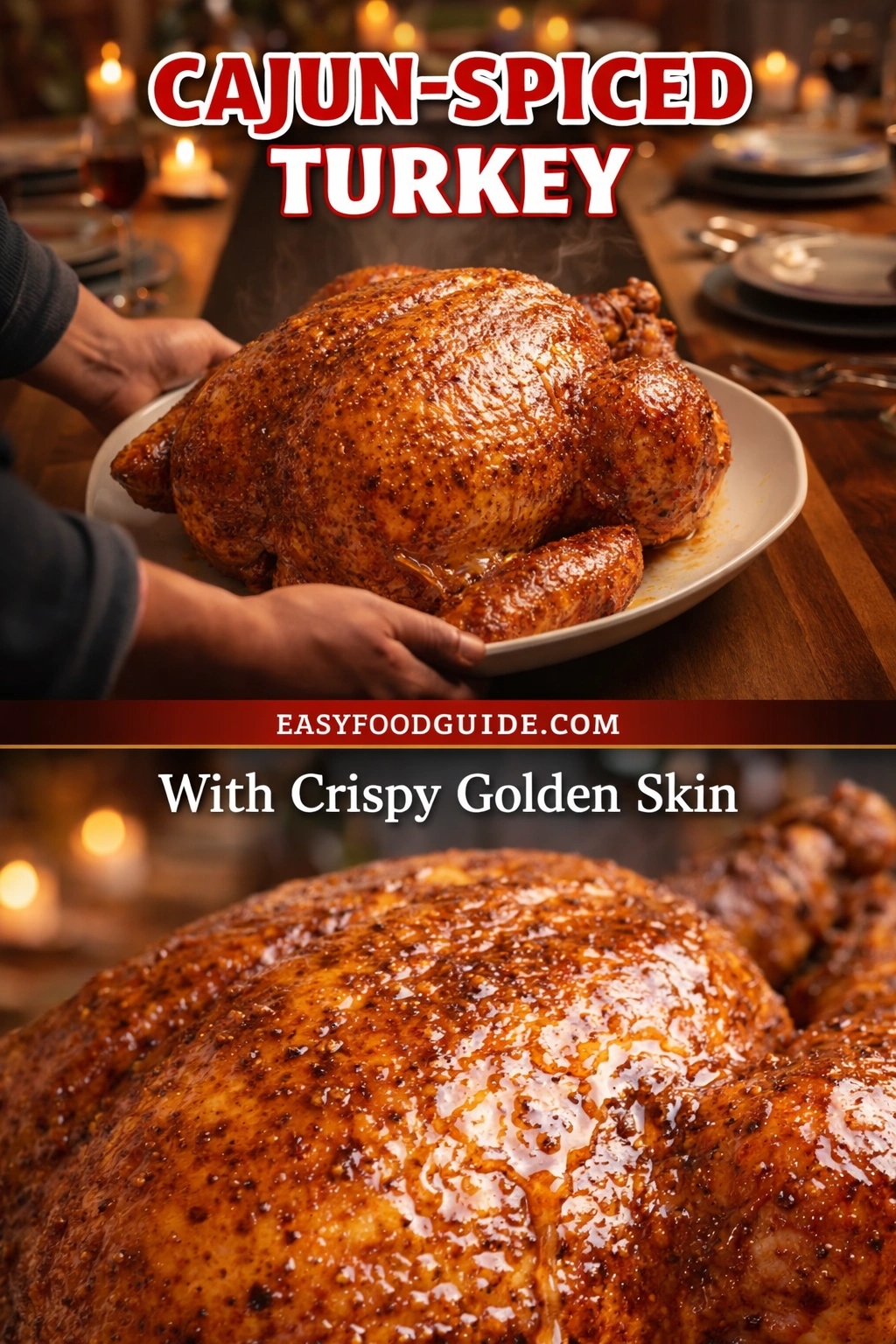 A vertical recipe graphic for a Cajun-Spiced Turkey with crispy golden skin. The top image shows the savory bird being served at a candlelit dinner, while the bottom is a close-up of its glistening, seasoned surface. A banner reads "CAJUN-SPICED TURKEY With Crispy Golden Skin."