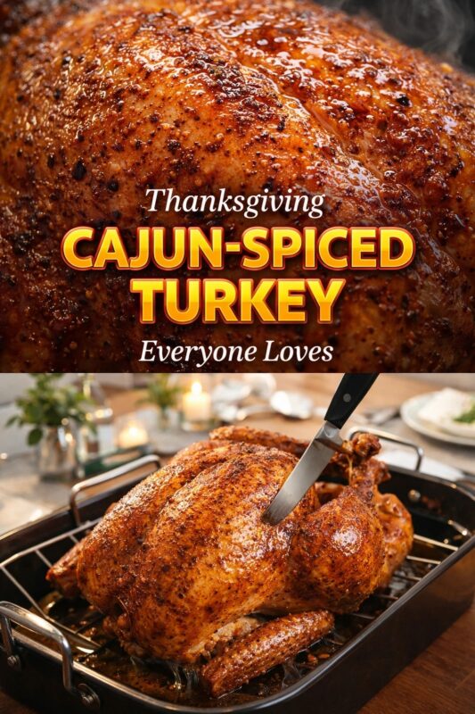 A vertical recipe graphic for a Thanksgiving Cajun-Spiced Turkey that everyone loves. The top image is an extreme close-up of the glistening, spice-rubbed skin, while the bottom shows the turkey in a roasting pan being carved. A banner reads "Thanksgiving CAJUN-SPICED TURKEY Everyone Loves."