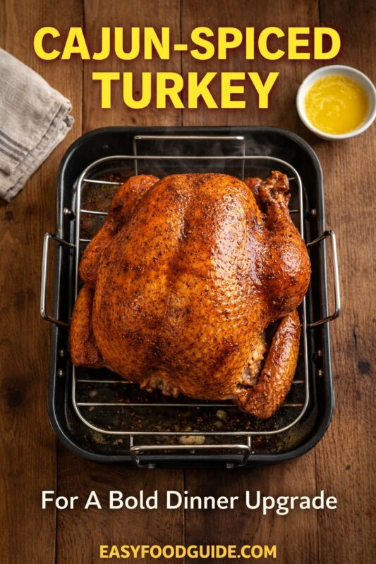 A Cajun-spiced turkey for a bold dinner upgrade, presented in a roasting pan on a wooden surface. The golden-brown bird is accompanied by a small bowl of melted butter. Text reads "CAJUN-SPICED TURKEY For A Bold Dinner Upgrade," and the website "EASYFOODGUIDE.COM" is at the bottom.