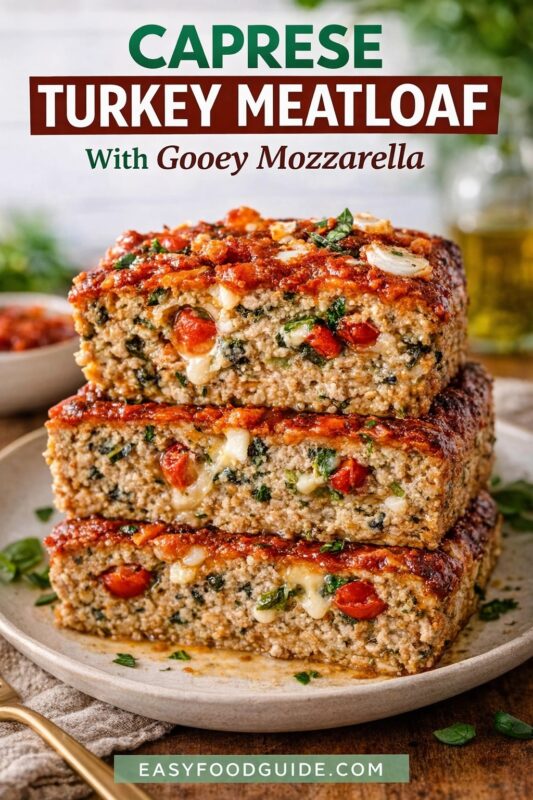 A stack of three slices of Caprese Turkey Meatloaf, featuring gooey mozzarella, on a plate. The meatloaf is filled with spinach and tomatoes, topped with sauce, and garnished with fresh basil. Text reads "CAPRESE TURKEY MEATLOAF With Gooey Mozzarella," and the website "EASYFOODGUIDE.COM" is at the bottom.