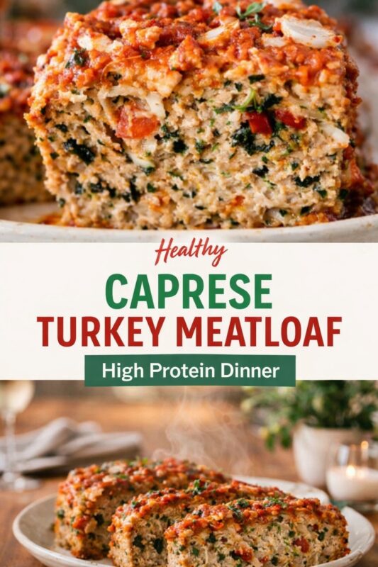 A vertical recipe graphic for a Healthy Caprese Turkey Meatloaf. The top image is a close-up of the high protein dinner slice, while the bottom shows the steaming, sliced loaf on a platter. A banner reads "Healthy CAPRESE TURKEY MEATLOAF High Protein Dinner."