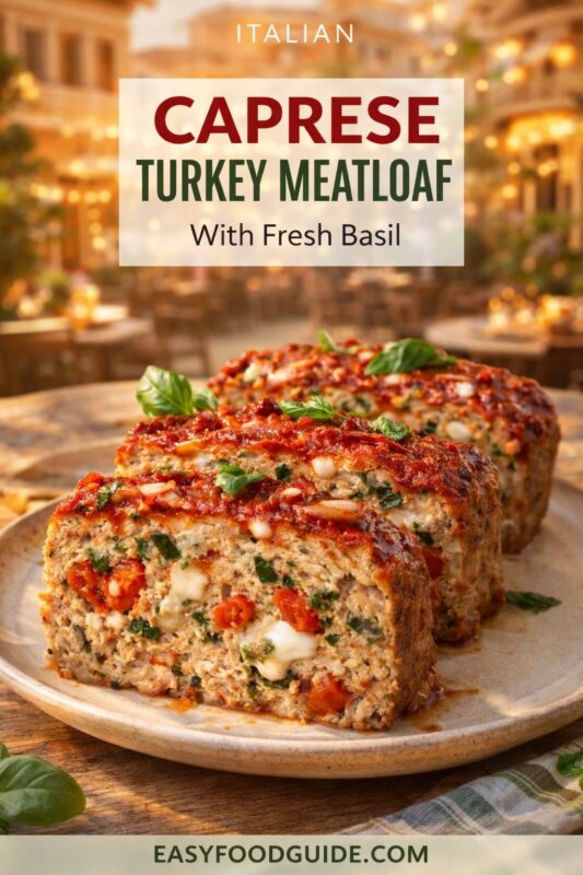 An Italian Caprese Turkey Meatloaf with fresh basil, served on a plate. The savory loaf is sliced to reveal melted cheese and tomatoes inside, set against a warm, outdoor dining background. Text reads "ITALIAN CAPRESE TURKEY MEATLOAF With Fresh Basil," and the website "EASYFOODGUIDE.COM" is at the bottom.