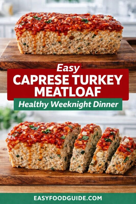 A vertical recipe graphic for an Easy Caprese Turkey Meatloaf. The top image shows the healthy weeknight dinner loaf on a cutting board, while the bottom displays it sliced and ready to serve. A banner reads "Easy CAPRESE TURKEY MEATLOAF Healthy Weeknight Dinner."