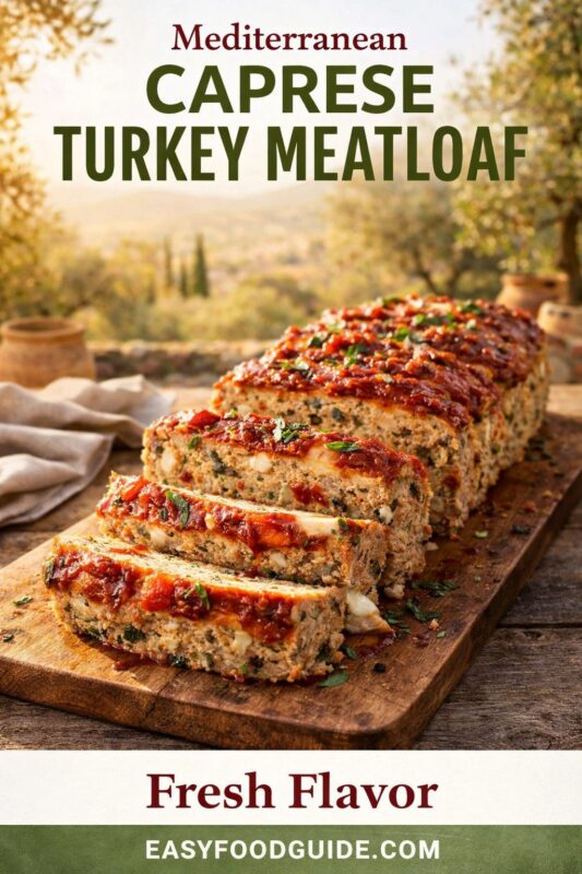 A Mediterranean Caprese Turkey Meatloaf with fresh flavor, presented on a wooden board. The sliced loaf reveals a savory interior of turkey, cheese, and herbs, set against a scenic outdoor backdrop. Text reads "Mediterranean CAPRESE TURKEY MEATLOAF Fresh Flavor," and the website "EASYFOODGUIDE.COM" is at the bottom.