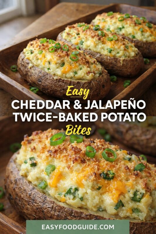 A vertical recipe graphic for an Easy Cheddar & Jalapeño Twice-Baked Potato Bites. The top and bottom images show the cheesy, savory bites on a wooden tray, garnished with green onions. A banner reads "Easy CHEDDAR & JALAPEÑO TWICE-BAKED POTATO Bites."