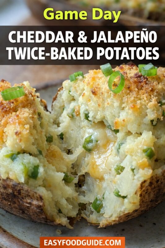 A close-up of a game day cheddar & jalapeño twice-baked potato, broken open to reveal its creamy, cheesy interior. The dish is garnished with green onions and presented on a plate. Text reads "Game Day CHEDDAR & JALAPEÑO TWICE-BAKED POTATOES," and the website "EASYFOODGUIDE.COM" is at the bottom.