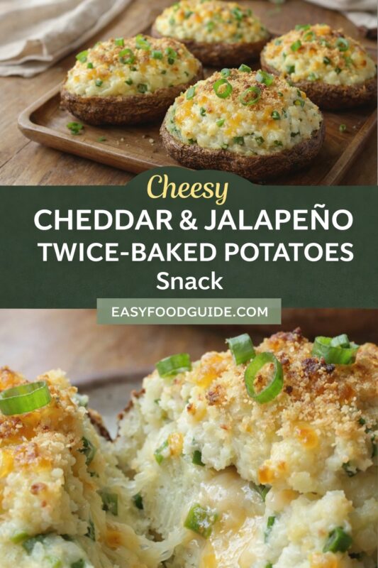 A vertical recipe graphic for a Cheesy Cheddar & Jalapeño Twice-Baked Potatoes Snack. The top image shows the appetizing snacks on a wooden tray, while the bottom is a close-up of the gooey, cheesy filling. A banner reads "Cheesy CHEDDAR & JALAPEÑO TWICE-BAKED POTATOES Snack."