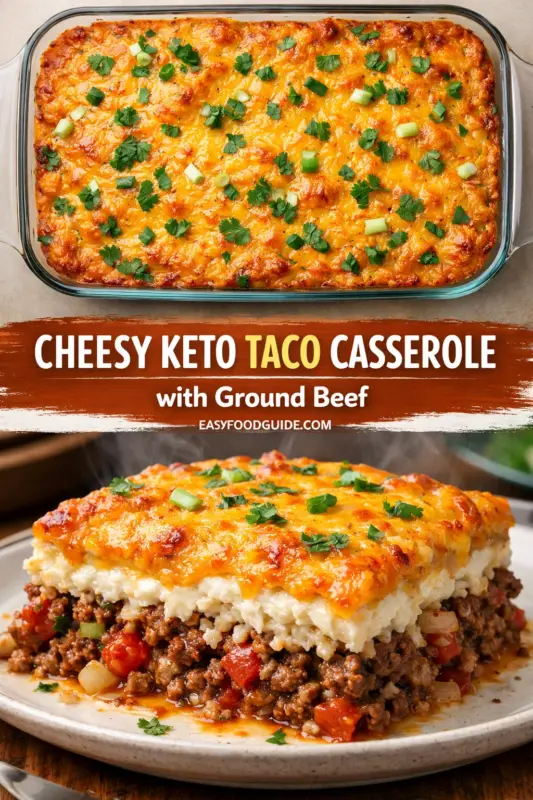 cheesy-keto-taco-casserole-2-used Cheesy keto taco casserole with ground beef in a glass dish, and a plated slice revealing its layered structure.