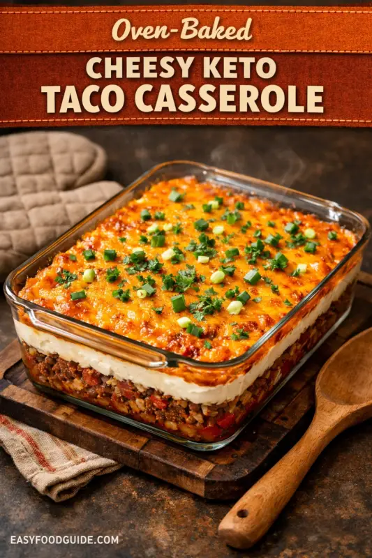 cheesy-keto-taco-casserole-3-used Casserole with golden cheese topping and green onions in a glass dish.