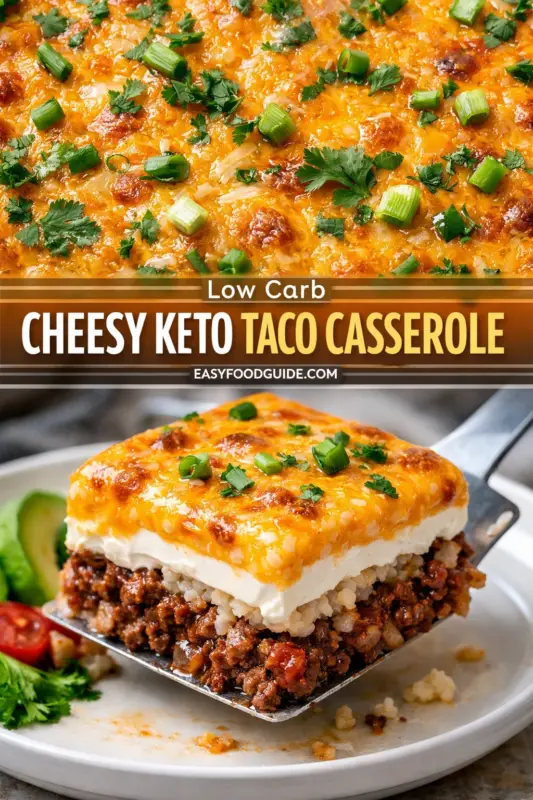 cheesy-keto-taco-casserole-4-used A cheesy keto taco casserole with herbs, shown whole and as a sliced piece with layers.