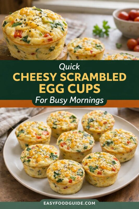 A vertical recipe graphic for Quick Cheesy Scrambled Egg Cups. The top and bottom images show the convenient breakfast option on a plate, highlighting their cheesy and veggie-filled texture. A banner reads "Quick CHEESY SCRAMBLED EGG CUPS For Busy Mornings."