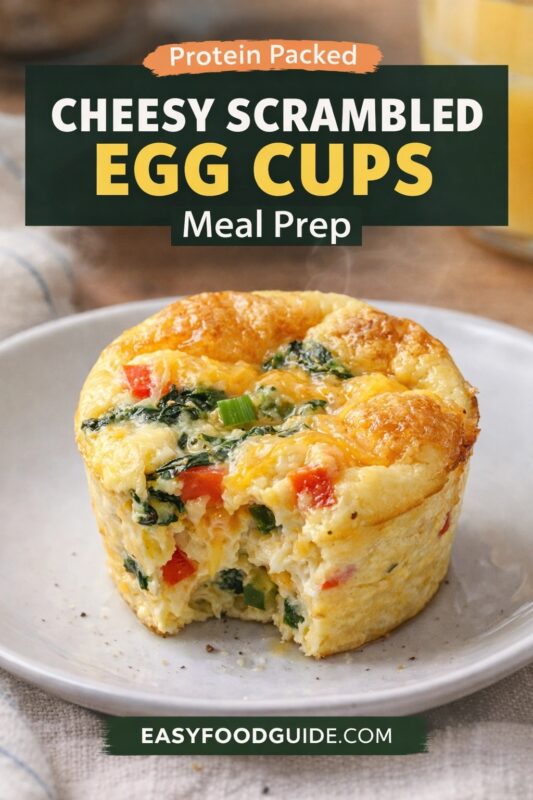 A protein-packed cheesy scrambled egg cup for meal prep, shown on a plate with a bite taken out. The fluffy egg muffin is filled with cheese, spinach, and red peppers. Text reads "Protein Packed CHEESY SCRAMBLED EGG CUPS Meal Prep," and the website "EASYFOODGUIDE.COM" is at the bottom.