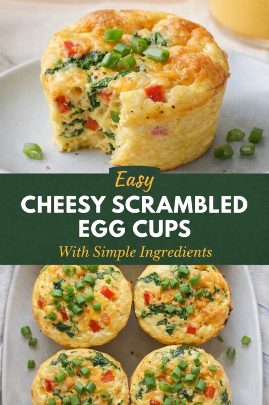 An easy cheesy scrambled egg cup recipe with simple ingredients, presented on a plate. The fluffy egg muffin is filled with cheese and vegetables and garnished with green onions. Text reads "Easy CHEESY SCRAMBLED EGG CUPS With Simple Ingredients."