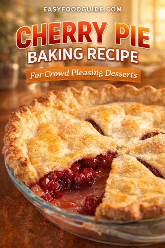 A cherry pie baking recipe for crowd-pleasing desserts, shown in a glass dish with a slice removed. The flaky, golden crust encases a vibrant cherry filling. Text reads "CHERRY PIE BAKING RECIPE For Crowd Pleasing Desserts," and the website "EASYFOODGUIDE.COM" is at the top.