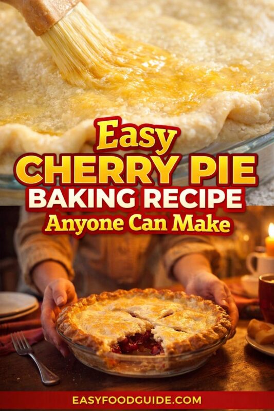 An easy cherry pie baking recipe anyone can make, shown with a hand brushing the crust and another holding the finished pie. The golden-brown dessert is presented on a warm, rustic table. Text reads "Easy CHERRY PIE BAKING RECIPE Anyone Can Make," and the website "EASYFOODGUIDE.COM" is at the bottom.