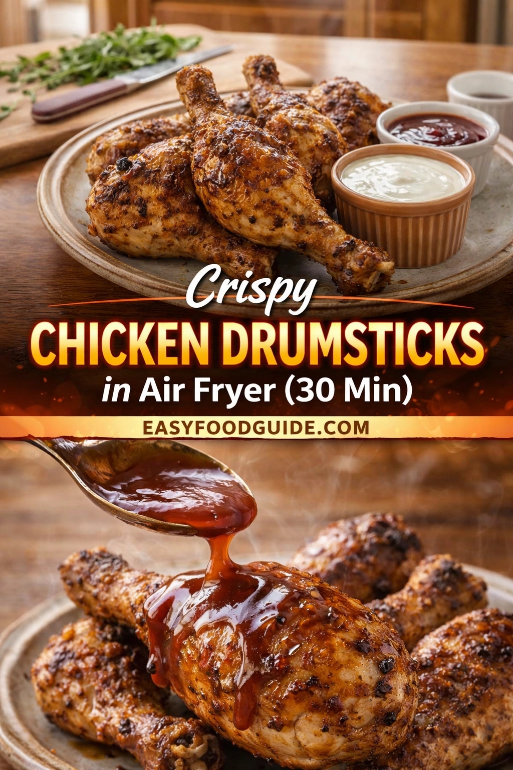A vertical recipe graphic for Crispy Chicken Drumsticks made in an air fryer in 30 minutes. The top image shows a platter of cooked drumsticks with dipping sauces, while the bottom is a close-up of sauce being spooned over a piece. A banner reads "Crispy CHICKEN DRUMSTICKS in Air Fryer (30 Min)."