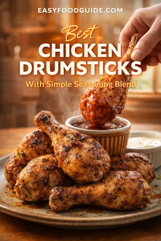 A vertical recipe graphic for the Best Chicken Drumsticks with a simple seasoning blend. The image shows a hand dipping a saucy drumstick into a bowl, surrounded by more cooked pieces on a platter. Text reads "Best CHICKEN DRUMSTICKS With Simple Seasoning Blend," and the website "EASYFOODGUIDE.COM" is at the top.
