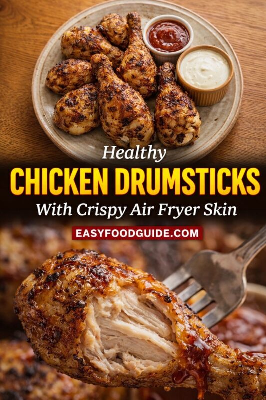 A vertical recipe graphic for healthy chicken drumsticks with crispy air fryer skin. The top image shows a platter of the cooked drumsticks with dipping sauces, while the bottom is a close-up of a juicy, flaky piece being held by a fork. A banner reads "Healthy CHICKEN DRUMSTICKS With Crispy Air Fryer Skin."