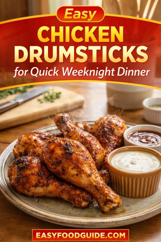 An easy chicken drumsticks recipe for a quick weeknight dinner, served on a plate with dipping sauces. The golden-brown, seasoned drumsticks are presented on a wooden table. Text reads "Easy CHICKEN DRUMSTICKS for Quick Weeknight Dinner," and the website "EASYFOODGUIDE.COM" is at the bottom.