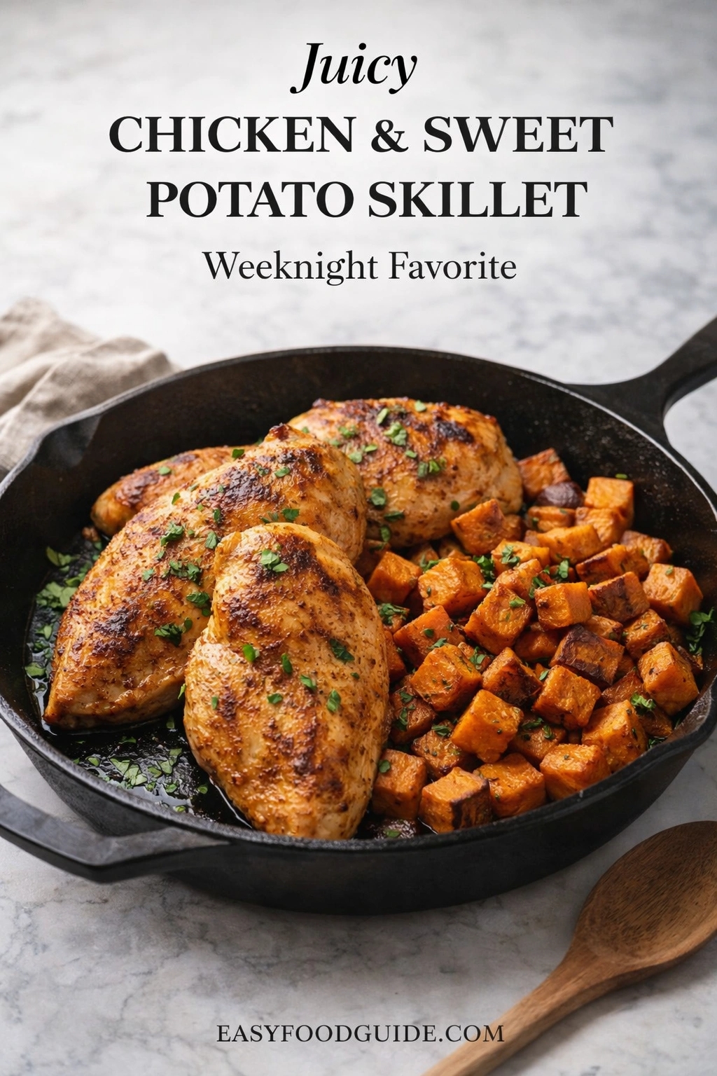 A cast-iron skillet of juicy chicken and sweet potato, a weeknight favorite. The dish features seared chicken breasts and roasted sweet potato cubes, garnished with fresh herbs on a marble surface. Text reads "Juicy CHICKEN & SWEET POTATO SKILLET Weeknight Favorite," and the website "EASYFOODGUIDE.COM" is at the bottom.