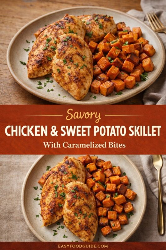 A vertical recipe graphic for a Savory Chicken & Sweet Potato Skillet. The top and bottom images show plated servings of the dish, featuring seared chicken breasts and caramelized sweet potato cubes on a rustic plate. A banner reads "Savory CHICKEN & SWEET POTATO SKILLET With Caramelized Bites."