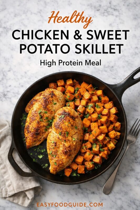 A top-down view of a healthy chicken and sweet potato skillet, presented as a high-protein meal. The cast-iron pan contains seared chicken breasts and roasted sweet potatoes on a marble countertop. Text reads "Healthy CHICKEN & SWEET POTATO SKILLET High Protein Meal," with the website "EASYFOODGUIDE.COM" at the bottom.
