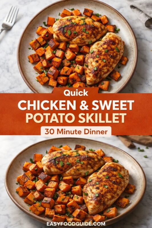 A vertical recipe graphic for a Quick Chicken & Sweet Potato Skillet. The top and bottom images show plated servings of the 30-minute dinner, featuring seasoned chicken breasts and roasted sweet potato cubes on a rustic plate. A banner reads "Quick CHICKEN & SWEET POTATO SKILLET 30 Minute Dinner."