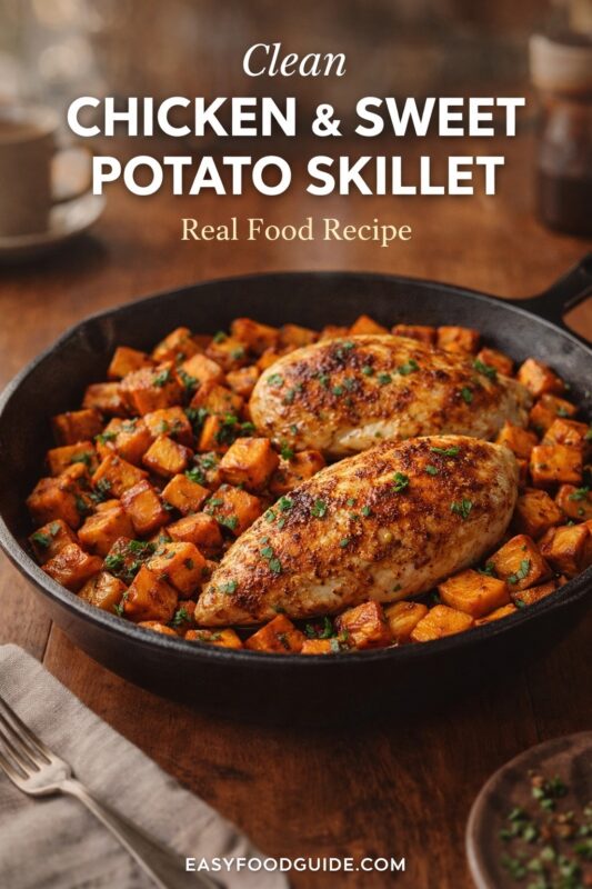 A cast-iron skillet of clean chicken and sweet potato, a real food recipe. The dish features seasoned chicken breasts and roasted sweet potatoes on a wooden table. Text reads "Clean CHICKEN & SWEET POTATO SKILLET Real Food Recipe," and the website "EASYFOODGUIDE.COM" is at the bottom.