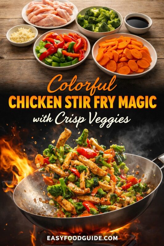 A vertical recipe graphic for a colorful chicken stir fry magic with crisp veggies. The top image displays the fresh ingredients, including raw chicken and various chopped vegetables, while the bottom shows the dish being cooked in a flaming wok. A banner reads "Colorful CHICKEN STIR FRY MAGIC with Crisp Veggies."