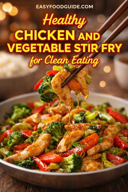 A healthy chicken and vegetable stir fry for clean eating, shown with chopsticks lifting a portion of the saucy dish. The vibrant meal is served in a pan with rice in the background. Text reads "Healthy CHICKEN AND VEGETABLE STIR FRY for Clean Eating," and the website "EASYFOODGUIDE.COM" is at the top.