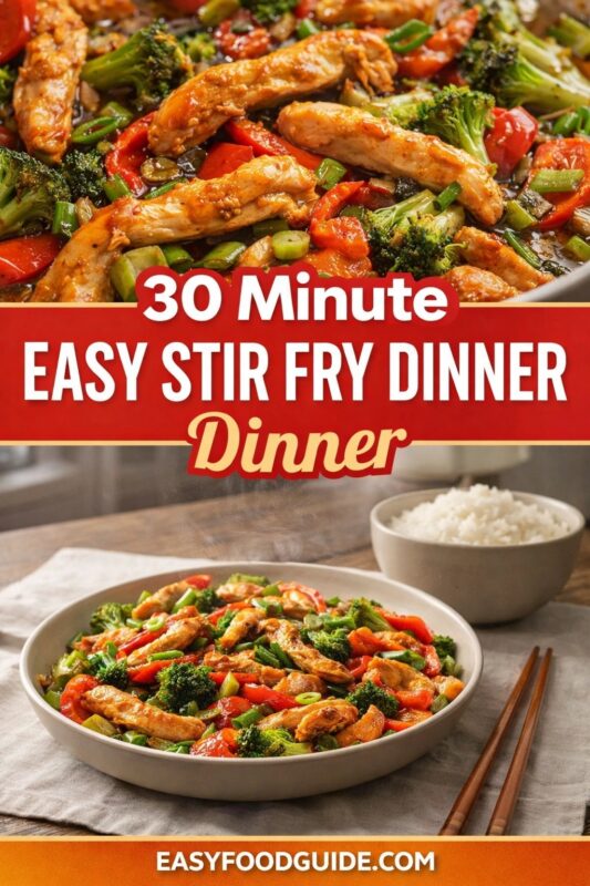 A vertical recipe graphic for a 30-minute easy stir fry dinner. The top image is a close-up of the saucy chicken and vegetables, while the bottom shows the meal served in a bowl with a side of rice. A banner reads "30 Minute EASY STIR FRY DINNER Dinner."