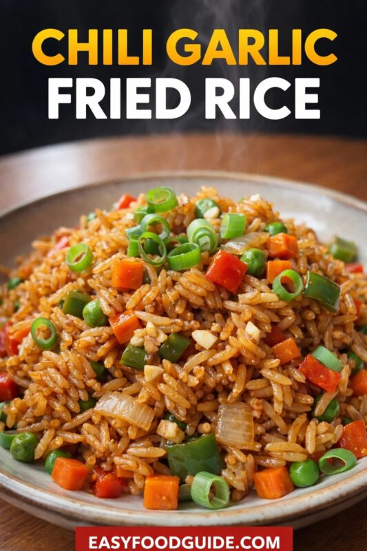 A plate of chili garlic fried rice, steaming and garnished with fresh green onions. The dish is a colorful mix of rice, peas, carrots, and bell peppers. Text reads "CHILI GARLIC FRIED RICE," and the website "EASYFOODGUIDE.COM" is at the bottom.
